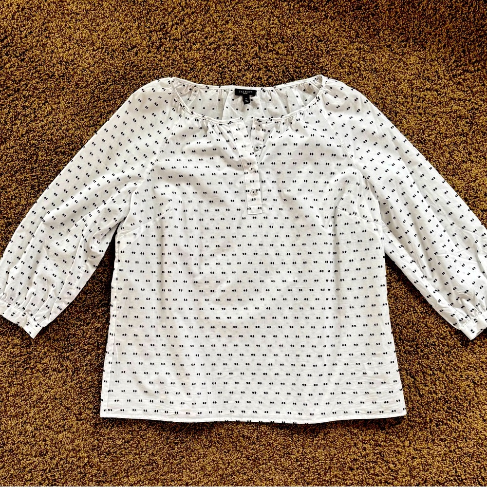 Talbots White Blouse with Navy Micro-Print